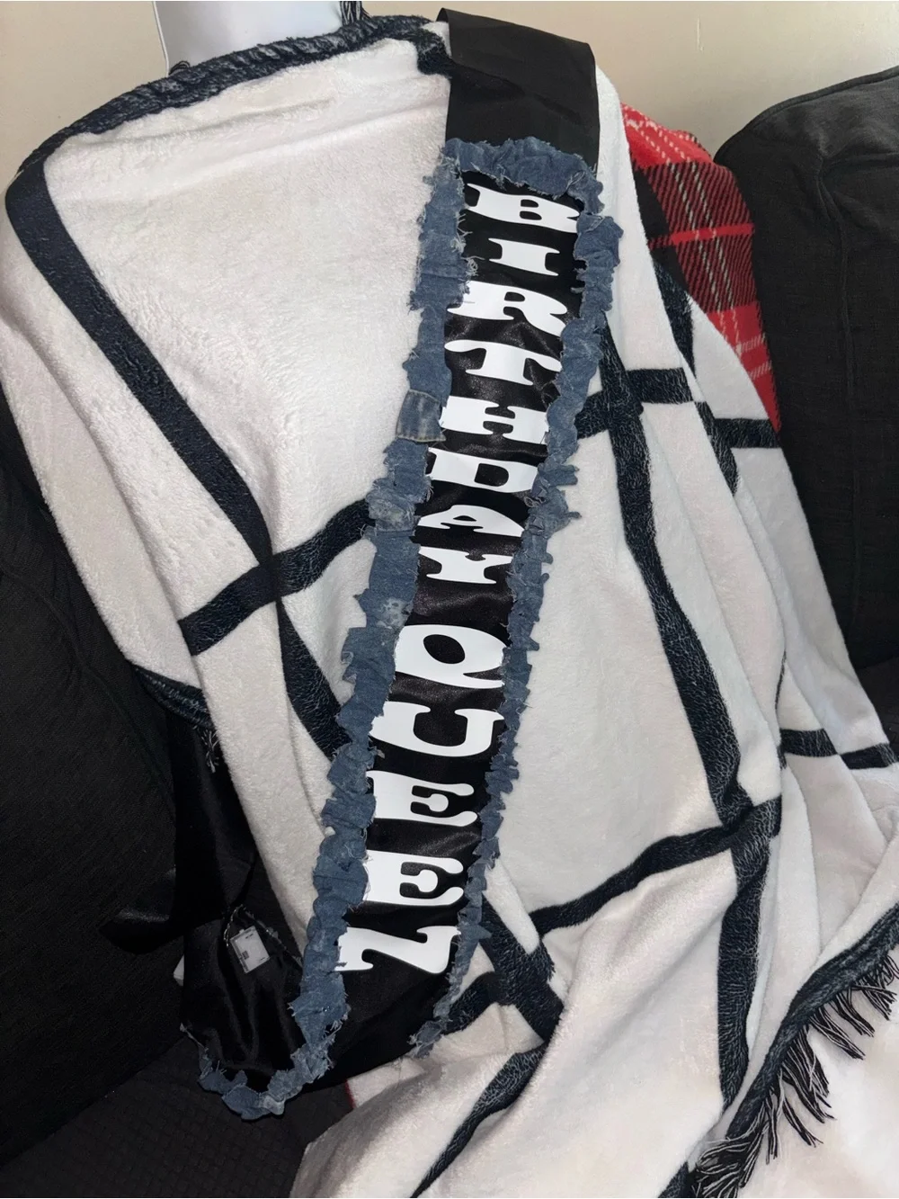 Birthday Queen Satin Sash with Denim Trim - Black & White